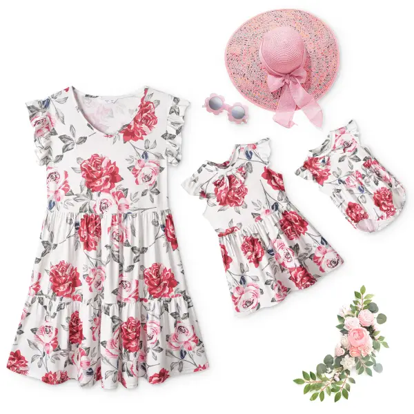 Round Neck Sleeveless Flower Print Mom Girl Matching Dress - Popopiestyle.com 