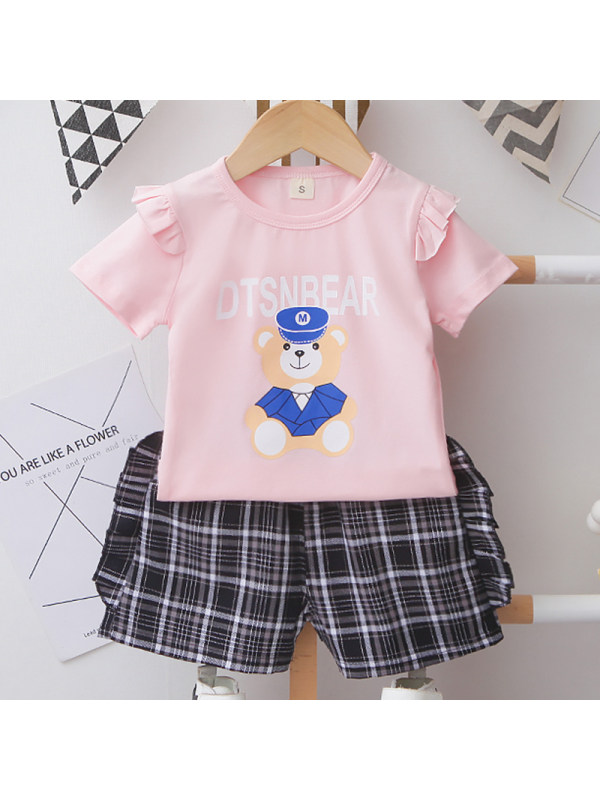 【12M-4Y】Girl Sweet Cartoon Pattern Short Sleeve T-shirt Shorts Set