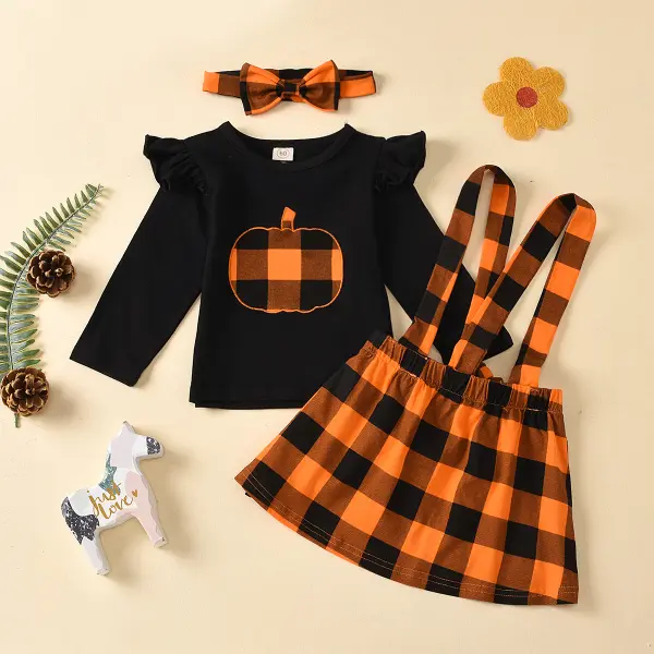 【3M-3Y】Girls Round Neck Black Blouse and Plaid Suspender Skirt Set - Popopiearab.com 