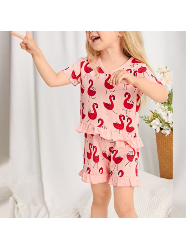 【18M-7Y】Girls Round Neck Short-sleeved Cartoon Printed Blouse And Shorts Suit