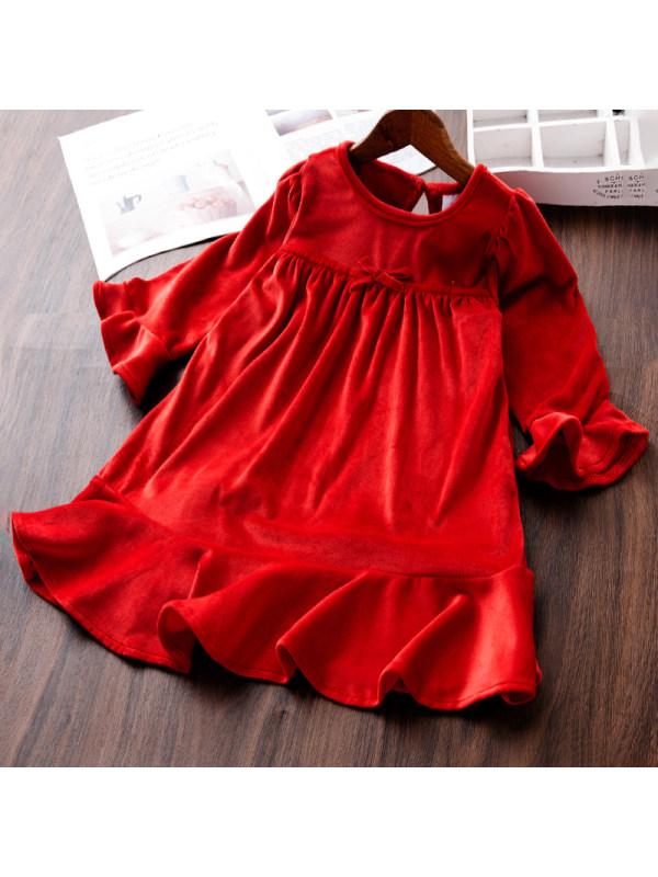 【18M-7Y】Girl Sweet Red Velvet Long-sleeved Dress