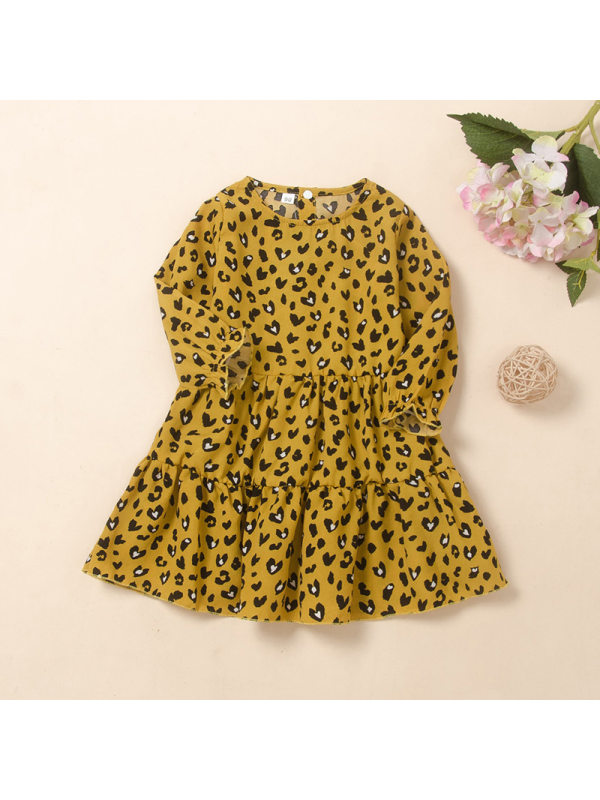 【18M-7Y】Girls' Round Neck Leopard Print Long-sleeved Button-back Dress