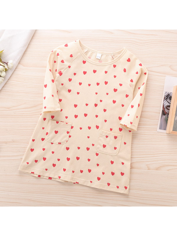【18M-7Y】Girl's Round Neck Love Print Long-sleeved Dress