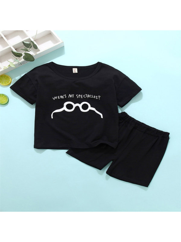 【18M-7Y】Boys Cartoon Glasses Print Short-sleeved T-shirt Set