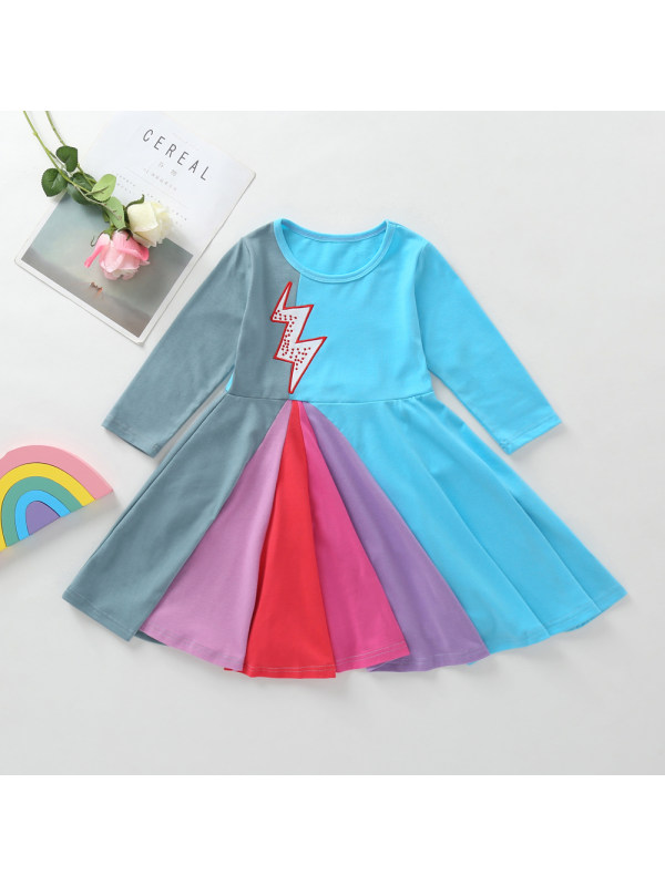 【18M-7Y】Girls' Lightning Embroidered Colorblock Rainbow Dress