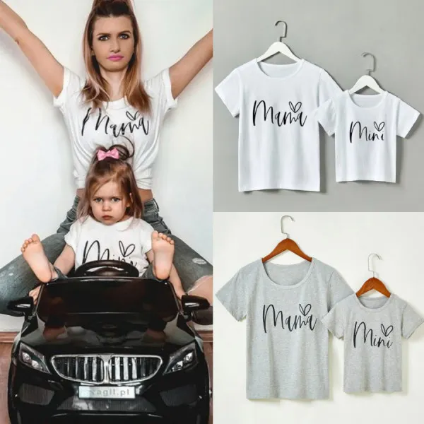 Casual Letter Print Round Neck Short Sleeve Mom Girl Matching T-shirt - Popopiestyle.com 