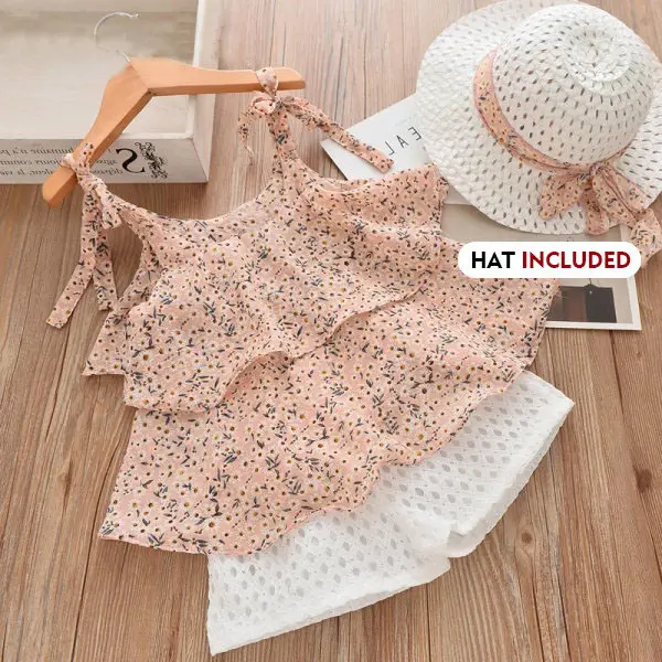 【18M-7Y】Girls Sweet Floral Chiffon Vest Lace Shorts Set With Hat - Popopiestyle.com 