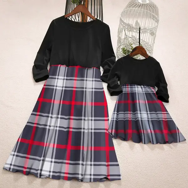 Fashion Plaid Midi Round Neck Mom Girl Matching Dress - Popopiestyle.com 