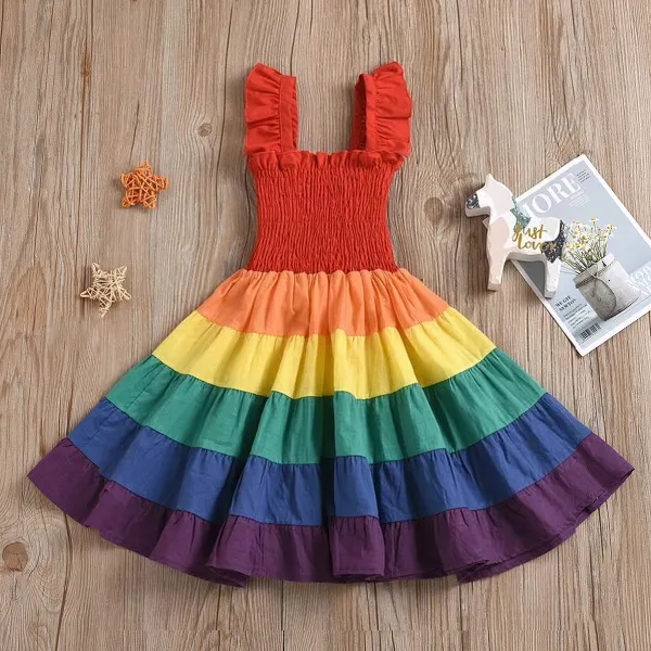 【12M-5Y】Girls Cute Rainbow Color Block Dress - Popopiestyle.com 