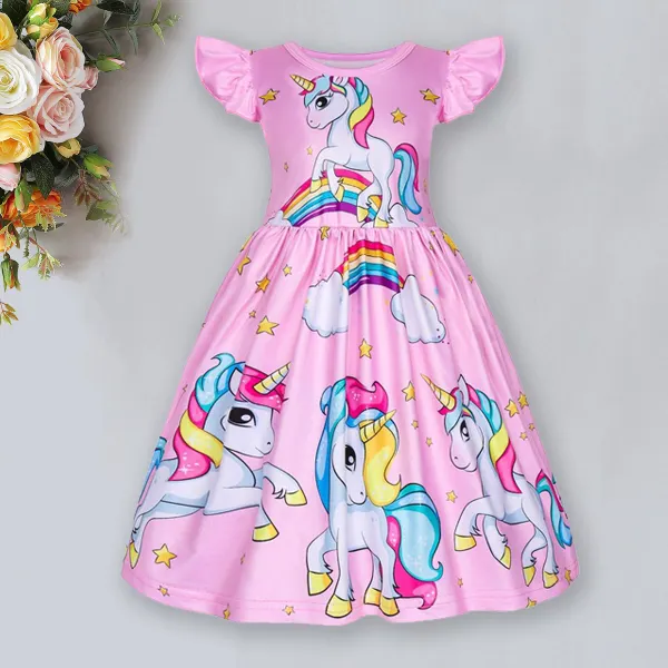 【2Y-9Y】Unicorn Print Round Neck Small Flying Dress - Popopiestyle.com 