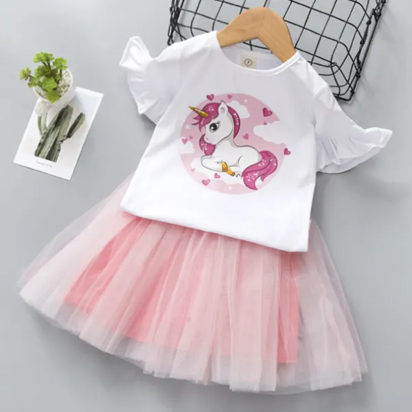 【18M-7Y】Sweet Unicorn Print T-shirt and Mesh Skirt Set - Popopiestyle.com 