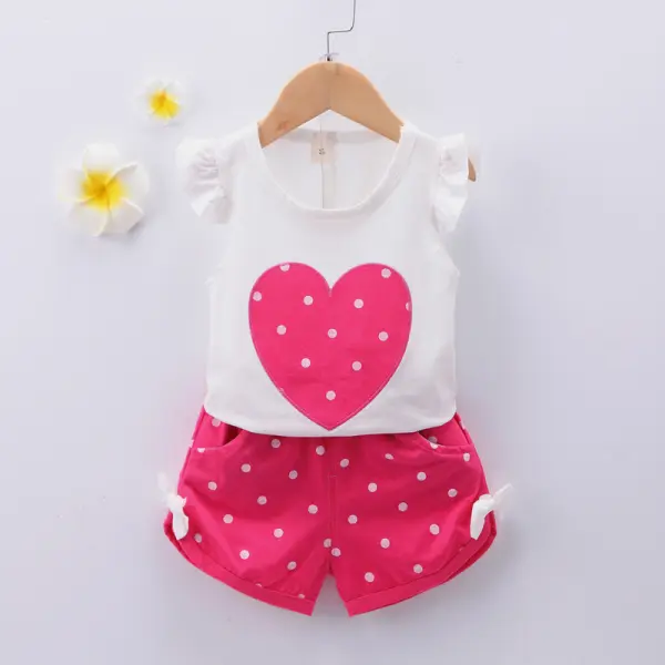 【12M-4Y】Girls Heart Pattern Short Sleeve Top Polka Dot Shorts Set - Popopiestyle.com 