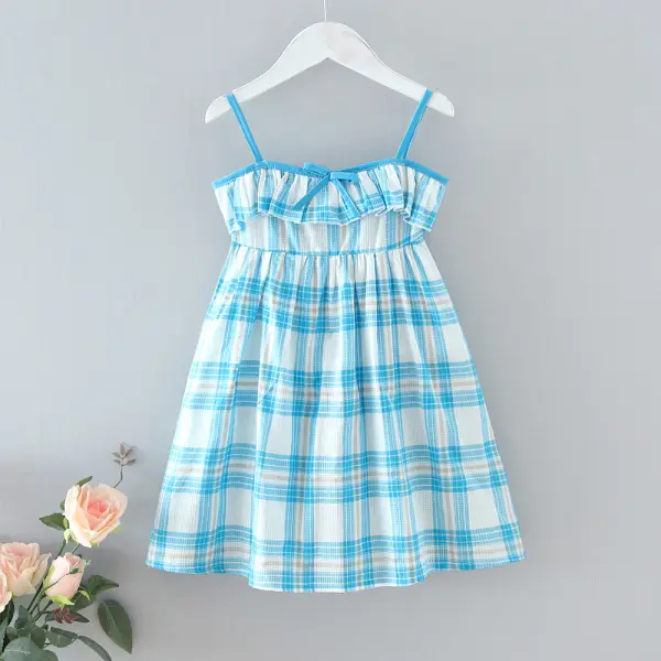 【18M-7Y】Sweet Blue Plaid Print Sling Dress - Popopiestyle.com 