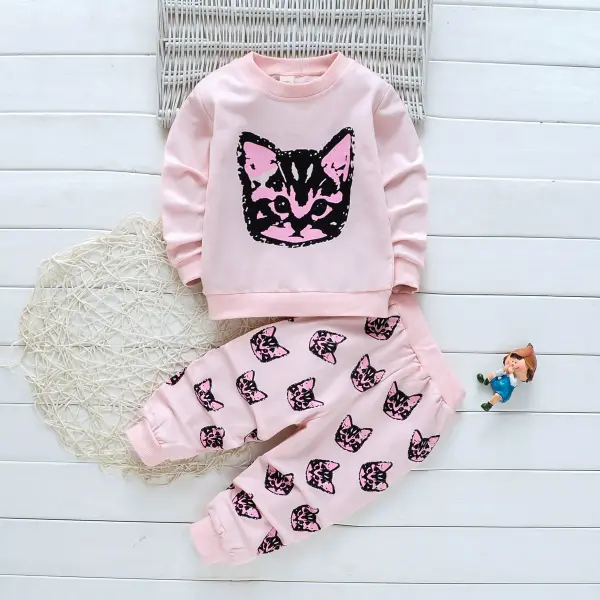 【18M-7Y】Girls Sweet Pink Cat Pattern Round Neck Long Sleeve Sweatershirt Pants Set - Popopiestyle.com 