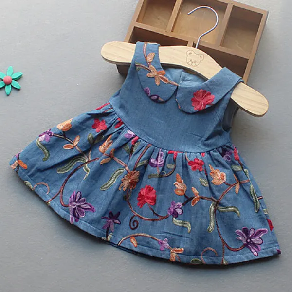 【6M-3Y】Cute Floral Embroidery Sleeveless Denim Dress - Popopiestyle.com 