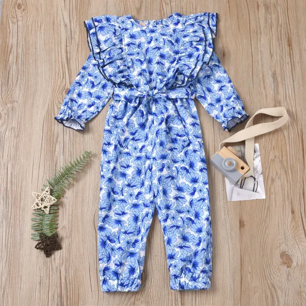 【18M-7Y】Girl Sweet Blue Flower Ruffled Round Neck Long Sleeve Jumpsuit - Popopiestyle.com 