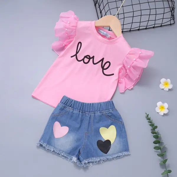 【18M-7Y】Girls Pink Letter T-Shirt And Denim Shorts - Popopiestyle.com 