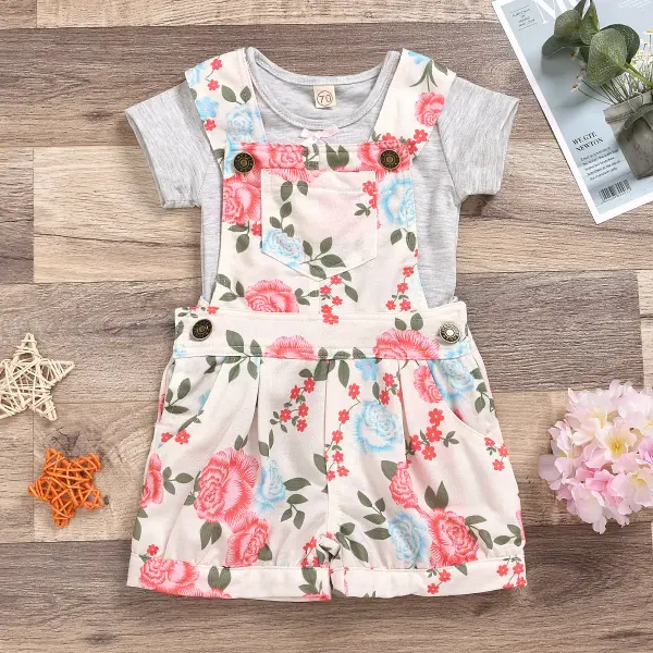 【6M-3Y】Girls Casual Short-sleeved T-shirt Printed Bib Shorts Set - Popopiestyle.com 