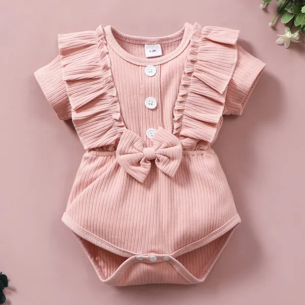 【0M-18M】Cute Bow Round Neck Short Sleeve Pink Romper - Popopiestyle.com 