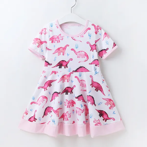 【18M-7Y】Girl Sweet Dinosaur Pattern Round Neck Short Sleeve Dress - Popopiestyle.com 