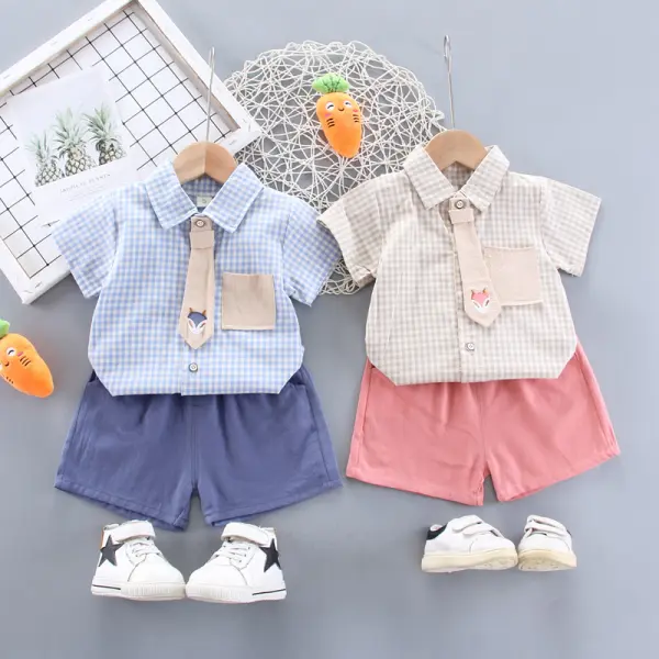 【12M-4Y】Boys Fashion Plaid Tie Shirt Shorts Set - Popopiestyle.com 