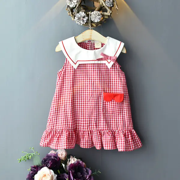 【18M-7Y】Girls Sweet Classic Plaid Lapel Sleeveless Dress - Popopiestyle.com 