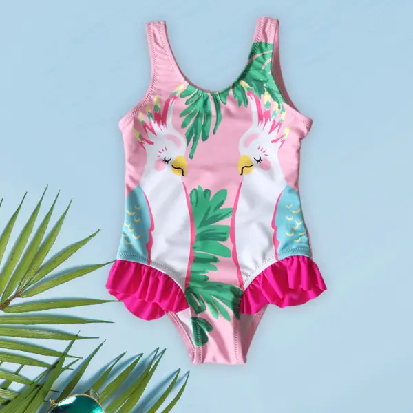 【6M-3Y】Girls Cute Parrot Print Lace One-piece Swimsuit - Popopiestyle.com 