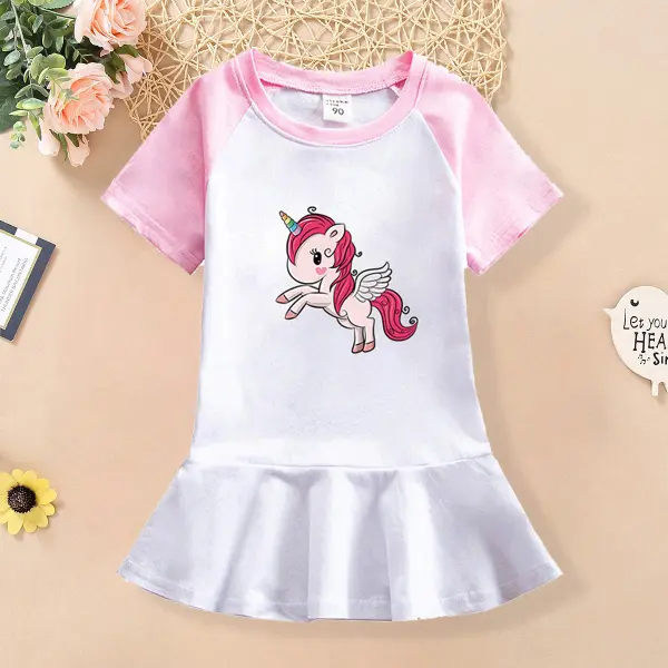 【18M-7Y】Girls Sweet Unicorn Print Short Sleeve Dress - Popopiestyle.com 