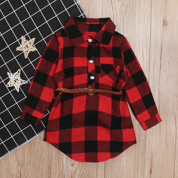 【12M-5Y】Girl Red Plaid Shirt Dress With Belt - Popopiestyle.com 