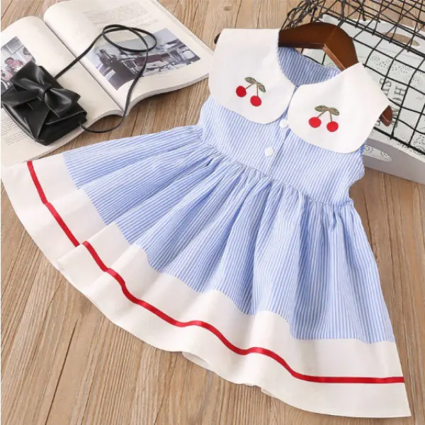 【18M-9Y】Girls Cherry Embroidered Lapel Striped Sleeveless Dress - Popopiestyle.com 