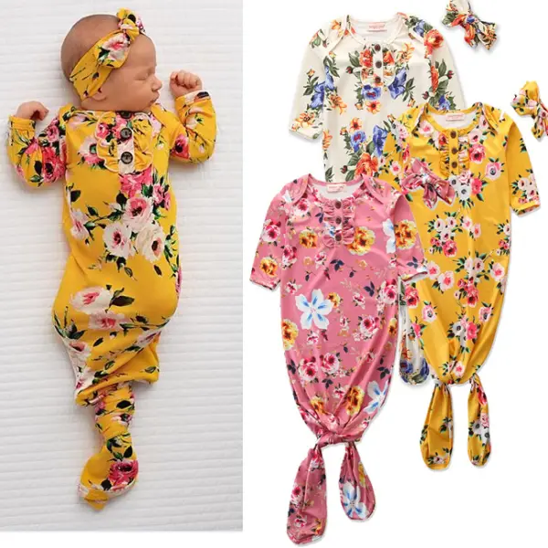 Baby Retro Printing Anti-kick Sleeping Bag With Headband - Popopiestyle.com 