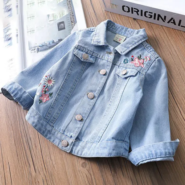 【18M-7Y】Flower Embroidered Light Blue Autumn Long Sleeved Denim Jacket - Popopiestyle.com 