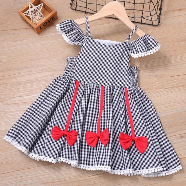 【18M-7Y】Girls Sweet Black and White Plaid Bow Off Shoulder Dress - Popopiestyle.com 