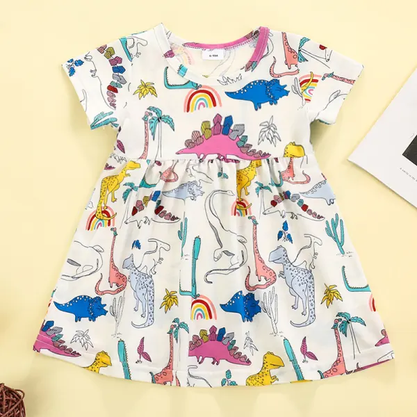 【6M-3Y】Baby Girl Dinosaur Pattern Round Neck Short Sleeve Dress - Popopiestyle.com 