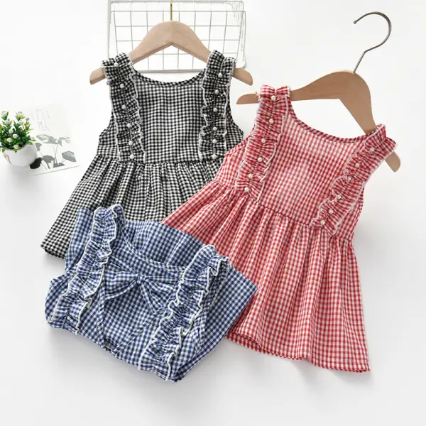 【18M-7Y】Girls Retro Bow Lace Plaid Sleeveless Dress - Popopiestyle.com 