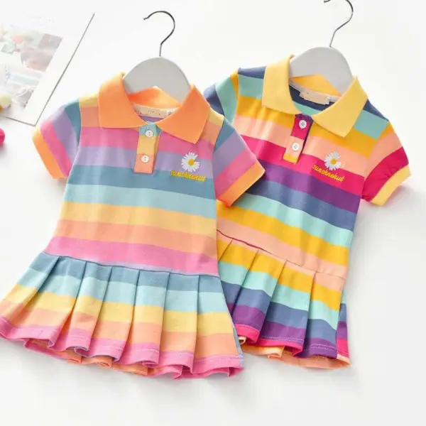 【18M-7Y】Girl Sweet Flower Embroidery Color Striped Lapel Short Sleeve Dress - Popopiestyle.com 