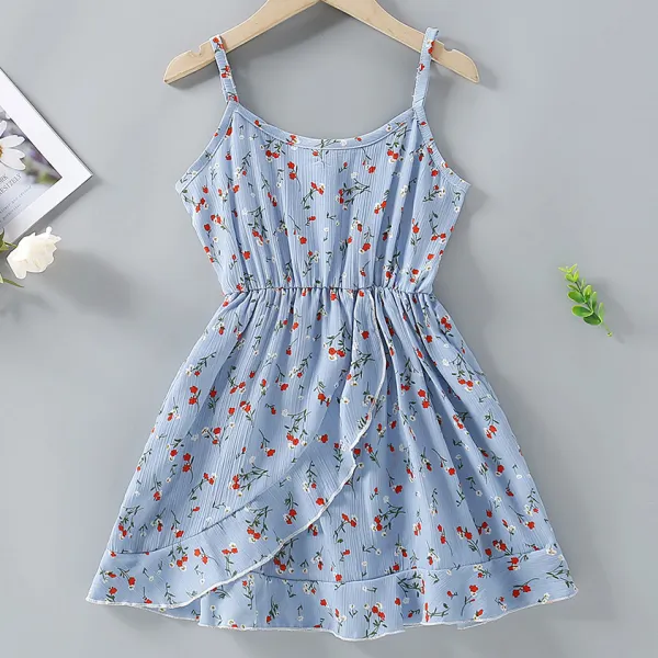 【4Y-13Y】Cute Flower Print Blue Sling Jumpsuit - Popopiestyle.com 