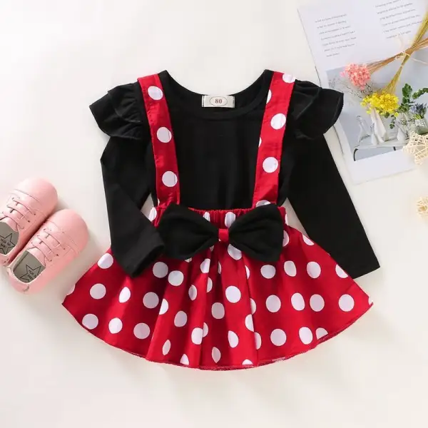 【12M-4Y】Girls Solid Color Lace Top Polka Dot Suspender Skirt Set - Popopiestyle.com 