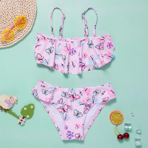 【6Y-13Y】Girls Sweet Pink Butterfly Full Print Split Swimsuit - Popopiestyle.com 