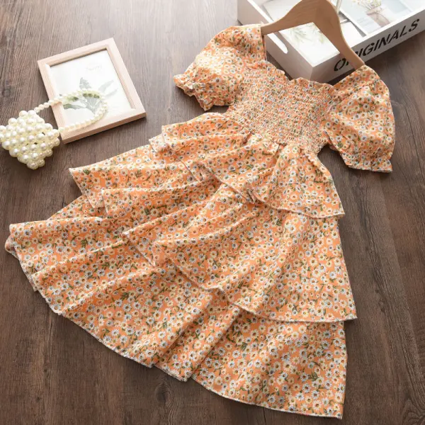 【18M-7Y】Girl Sweet Orange Chiffon Floral Puff Sleeve Dress - 3341 - Popopiestyle.com 