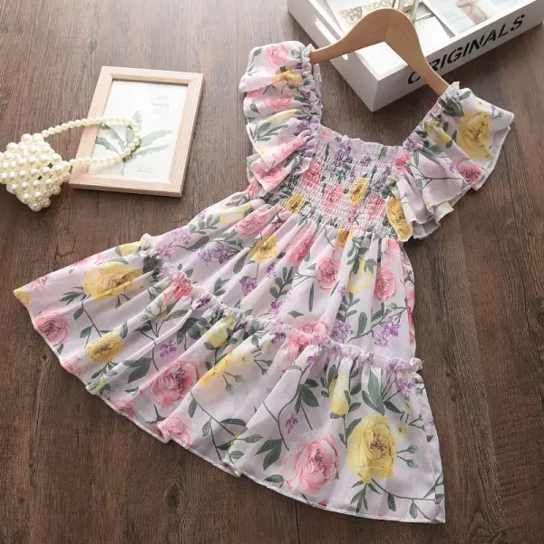 【2Y-9Y】Sweet Flower Print Chiffon Pink Short Dress - 3339 - Popopiestyle.com 