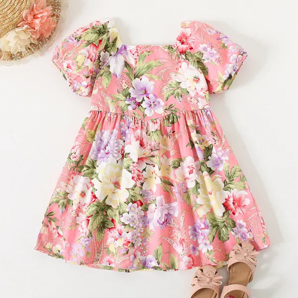 【18M-7Y】Sweet Flower Print Square Neck Short Sleeve Pink Dress - Popopiestyle.com 