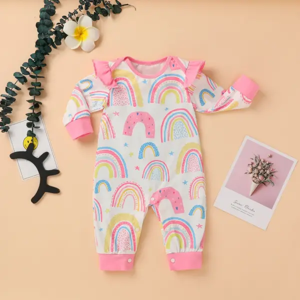 【0M-12M】Baby Girl Rainbow Full Printed Long Sleeve Romper - Popopiestyle.com 