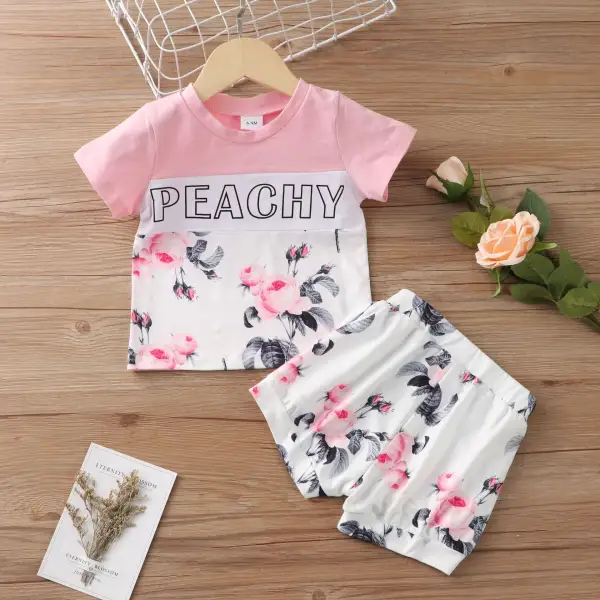 【3M-18M】Cute Letters and Flower Print Round Neck Short Sleeve T-shirt and Shorts Set - Popopiestyle.com 