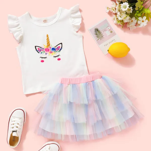 【18M-7Y】Cute Unicorn Print White T-shirt and Colorful Mesh Skirt Sets - Popopiestyle.com 