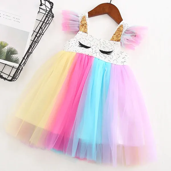 【12M-7Y】Girls Sweet Unicorn Embroidered Sequined Color Mesh Dress - Popopiestyle.com 