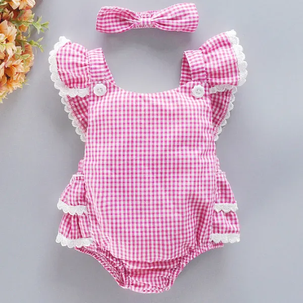 【6M-3Y】Grid Fly Sleeves Lace Embellished Romper With Headband - Popopiestyle.com 