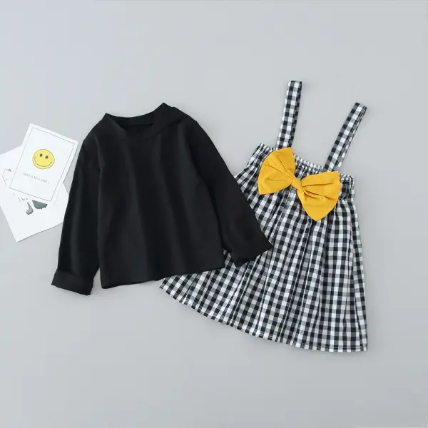 【6M-4Y】Girls Long Sleeve T-Shirt Plaid Bow Suspender Skirt Set - Popopiestyle.com 