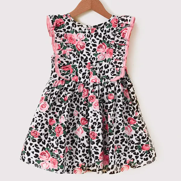 【18M-7Y】Girl's Sweet Leopard Print Flower Round Neck Short Sleeve Dress - Popopiestyle.com 