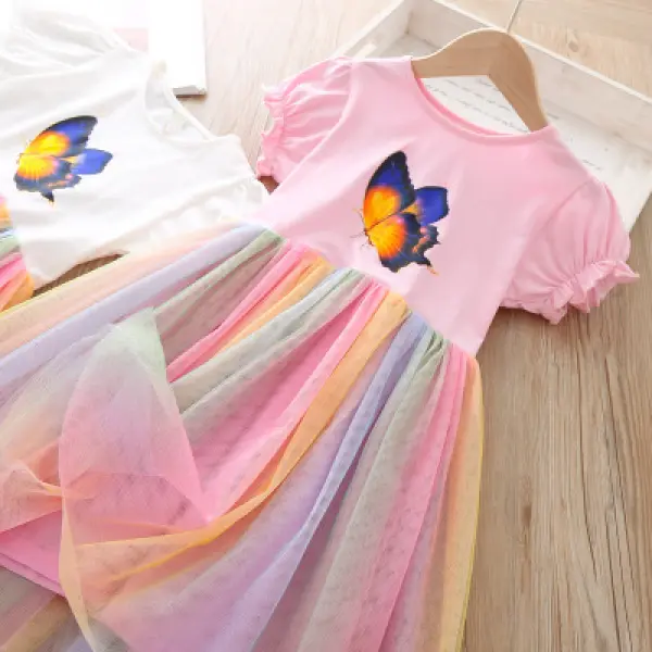 【18M-7Y】Girls Butterfly Rainbow Mesh Dress - Popopiestyle.com 